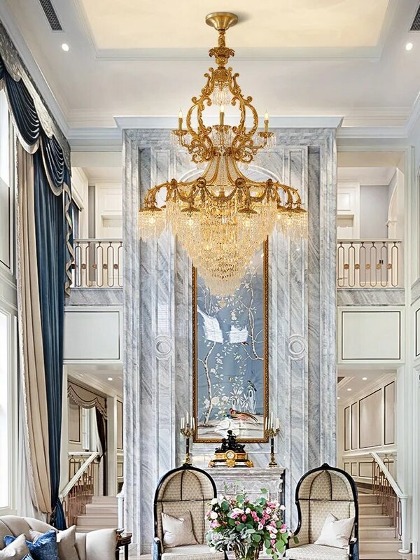 Candelabro grande de cristal de latón para sala de estar, luz colgante de cobre para escalera, Villa dúplex europea, estilo francés Neo clásico