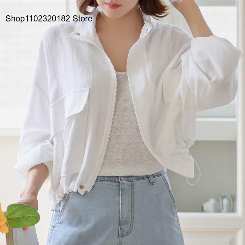 Spring and Autumn Casual Standing Collar Large Pocket Cotton Lonen Work Clothes Coat Jackets for Women