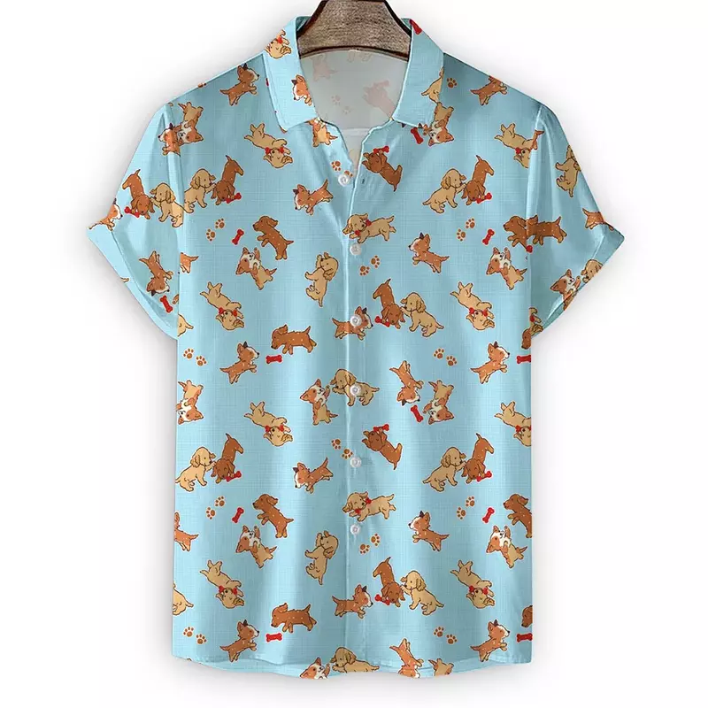 Cute dog print men's short-sleeved shirt 2023 new 3D digital print loose casual shirt silly and cute dog print.