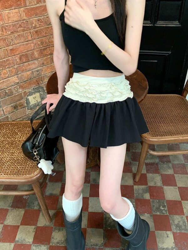 ADAirl-Mini saia preta vintage feminina, patchwork de contraste, dobrado, cintura alta, moda coreana, roupas bonitas de verão