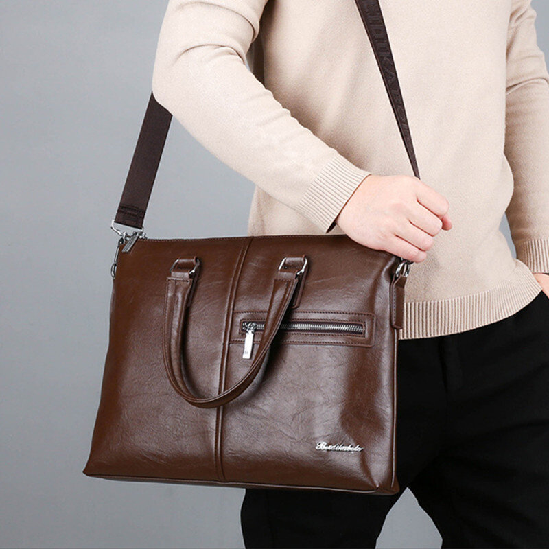 Luksusowa skórzana teczka męska z zamkiem błyskawicznym w stylu Vintage torebka biznesowa torba na ramię męska torba na laptopa o dużej pojemności
