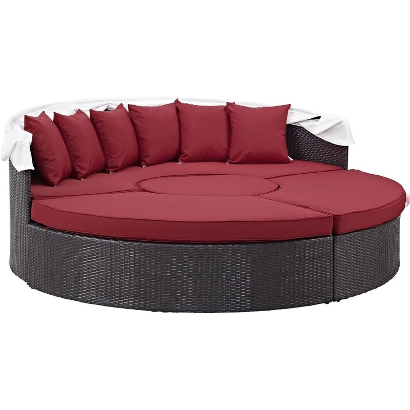 Garden Furniture Sets, Wicker Rattan Patio Retractable Canopy Round Poolside Sofa Daybed in Espresso Red, Garden Furniture Set