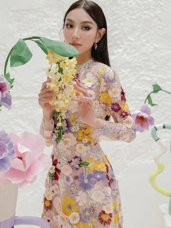 DEAT-vestido elegante de manga comprida para mulheres, flores 3D Gaze, pérolas, patchwork, nova moda, verão, 13DB2752, 2024