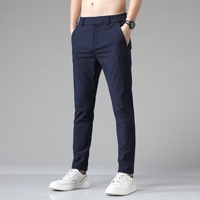 Codzienne męskie spodnie cienki rozciągliwe dopasowanie biznesowy dopasowany elastyczny Jogger w talii klasyczny niebieski czarno-szary spodnie markowe męski