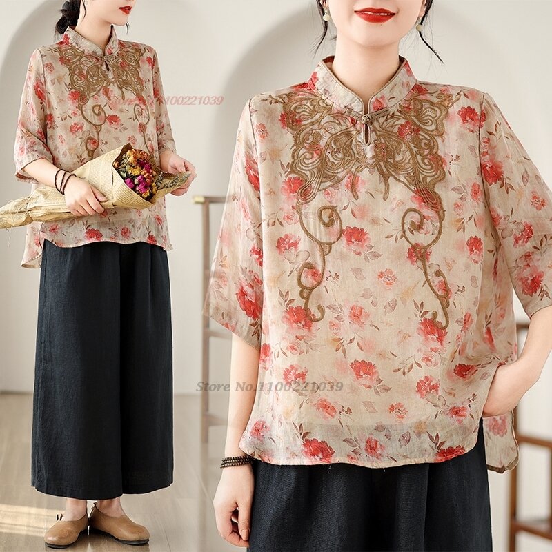 Blusa China vintage con estampado nacional de flores bordadas, tops retro hanfu, ropa de calle femenina, blusa étnica, 2024