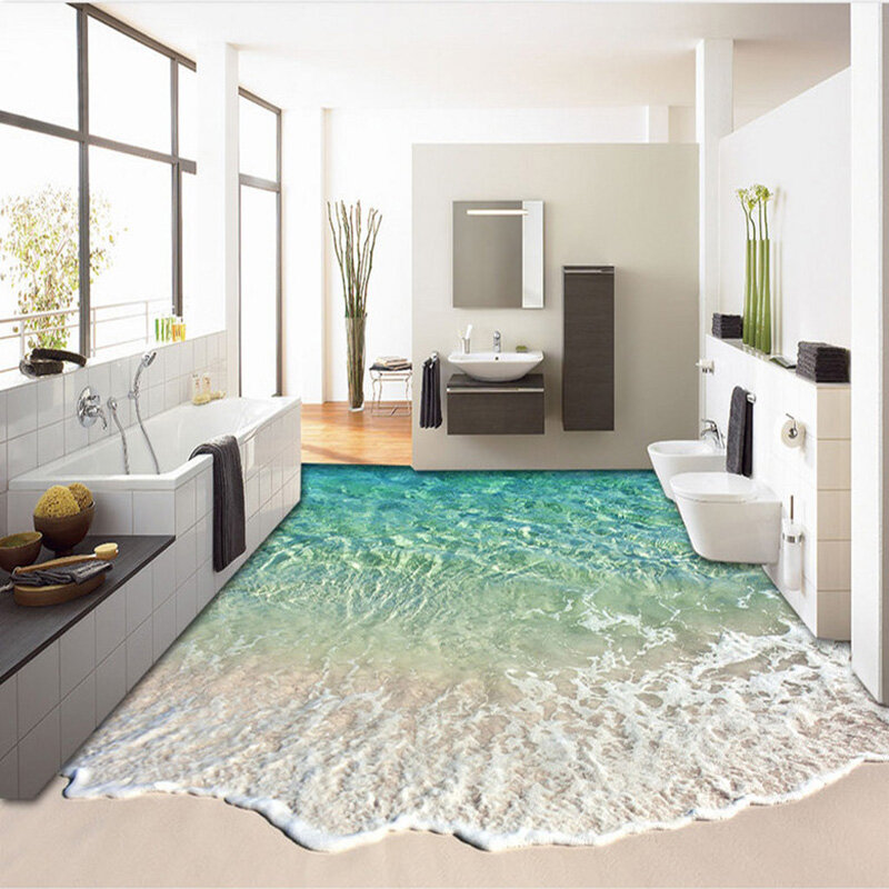 Papel tapiz autoadhesivo 3D para suelo de baño, pegatina de onda de agua de mar, antideslizante, impermeable