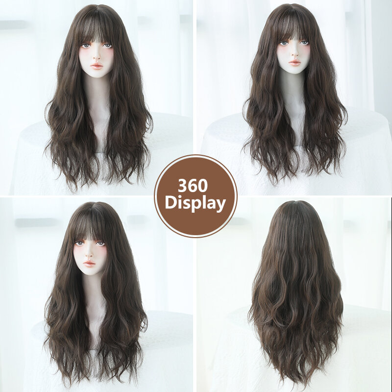 7JHH WIGS High Density Synthetic Dark Brown Wig for Women Daily Use Fashion Loose Curly Hair Wigs with Bangs Beginner Friendly