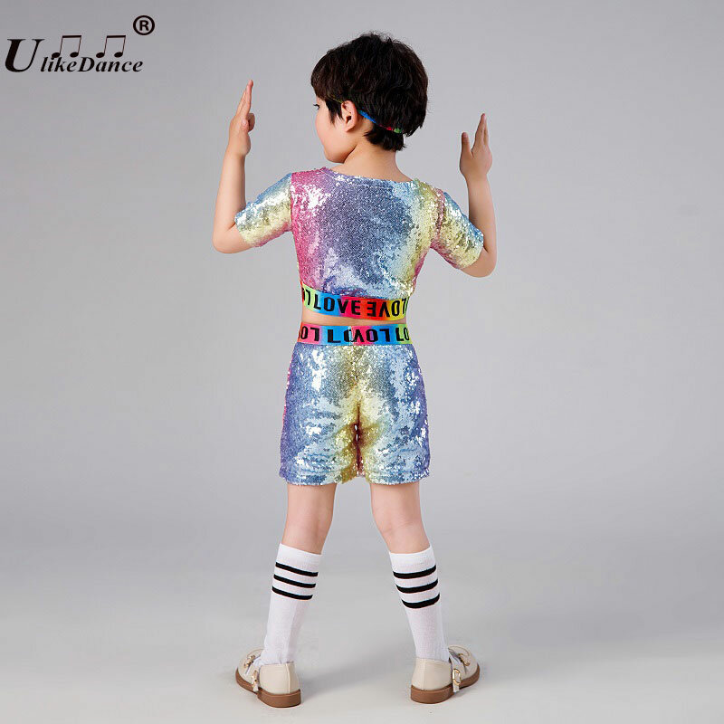 Kids Sequined Hip Hop Outfits Girls Jazz Tap Dancing Tops+Pants Boy Child Dance Stage wear Ballroom Party Dancewear Costumes