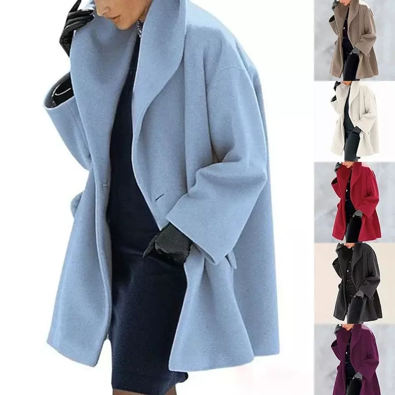 Mantel wol wanita, jaket Kantor wanita musim dingin 2022, mantel wol kasual longgar bertudung campur modis warna polos