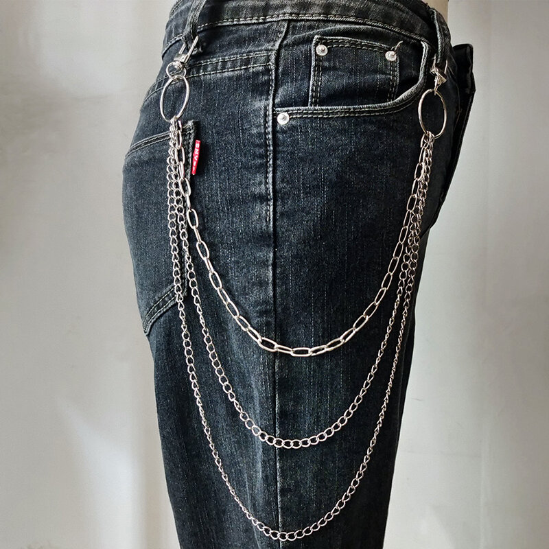 Vintage chaveiro longo de metal para mulheres, dupla camada, 3 camadas, acessórios bricolage, calça hipster, calças rock, anel clipe, borla chaveiro