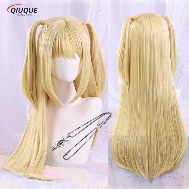 Anime miramisa peruka do Cosplay Misa Amane długie Blond podwójne ogony odporne na ciepło włosy Hallowen peruki na przyjęcie + czapka z peruką