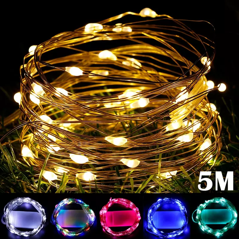 LED Copper Wire String Lights, alimentado por bateria, guirlanda, fada iluminação cordas para férias, Natal, decoração de casamento, 5m