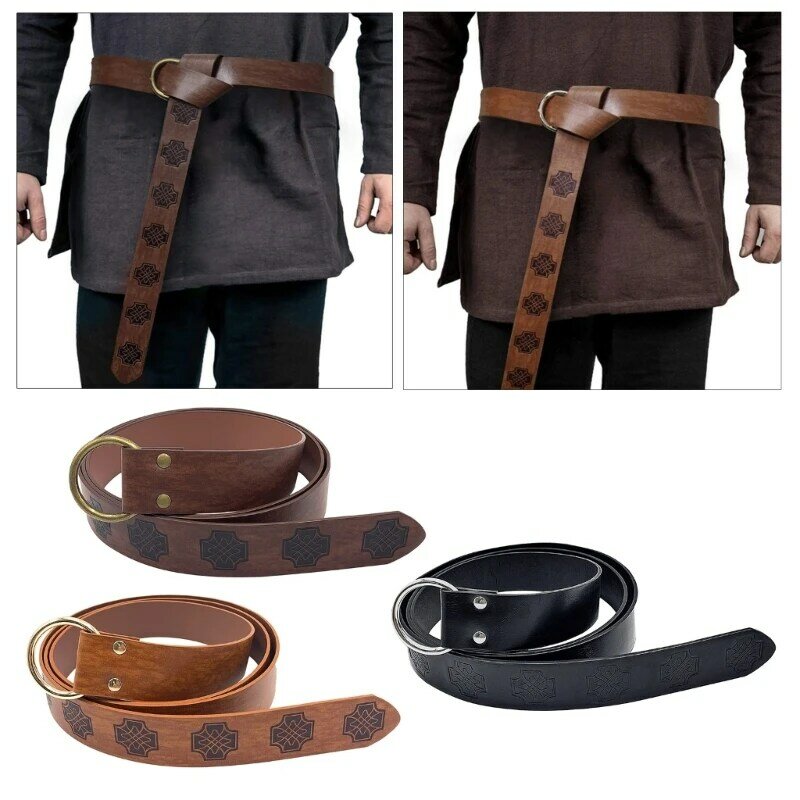 PU Leather O-Ring Belt History Repeat Costumes Belt, Medieval Embossed Pirate Belt Knight Belt Robe Tunic Waist Belts