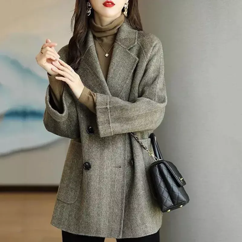 여성용 중간 길이 울 코트, 두꺼운 따뜻한 코트, 느슨한 얇은 트위드 트렌치, 큰 야드 코트, 가을 및 겨울