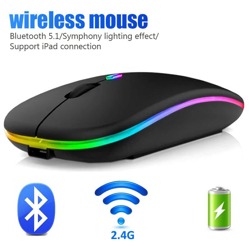 Mouse ergonômico sem fio para jogos, ratos silenciosos, LED retroiluminado, Bluetooth, RGB, recarregável, apto para laptop, PC