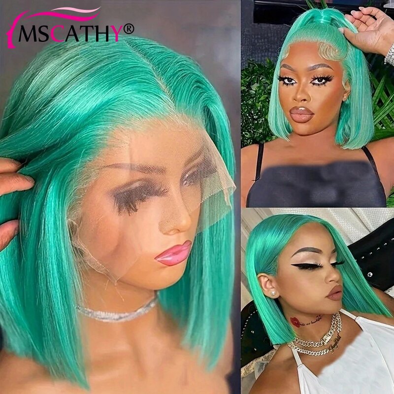 Mscathy-Peluca de cabello humano virgen brasileño para mujer, postizo de encaje frontal 13x4 HD, color verde menta, predesplumada, para Cosplay