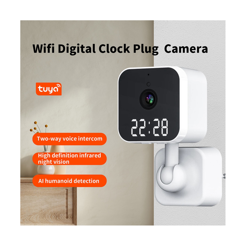 Tuya-ワイヤレスwifiカメラ,デジタル時計,室内安全カメラ,暗視,ビデオ監視,モーションカメラ,当社のプラグ