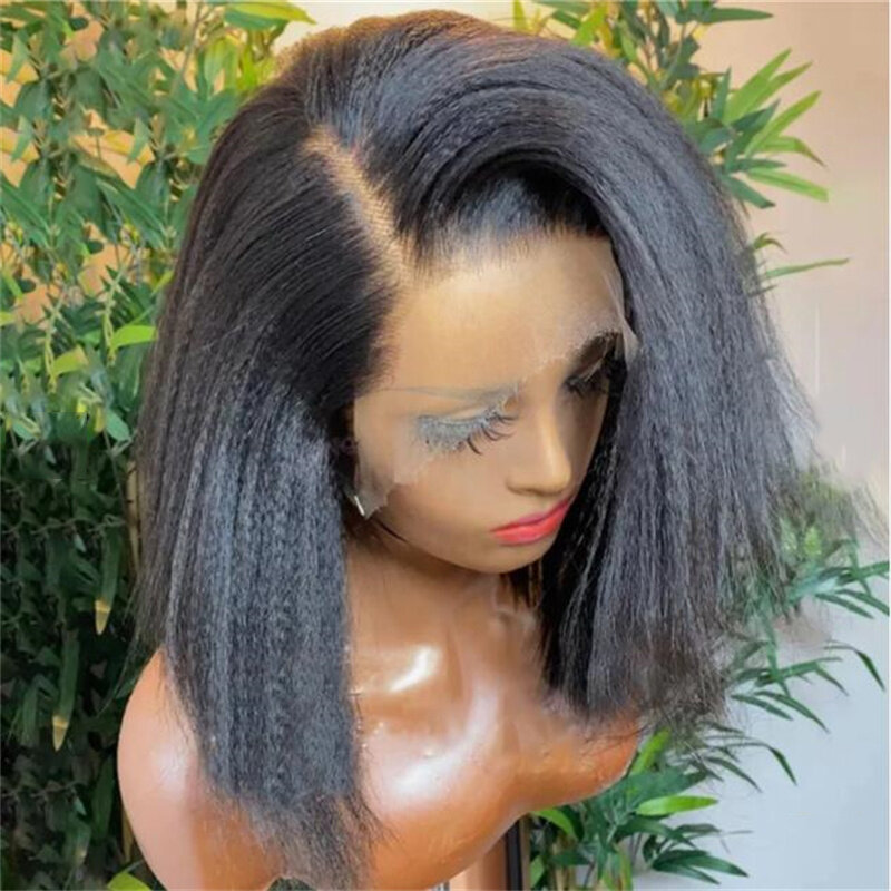 16“ Bob Yaki Glueless Soft 180Density Kinky Straight Lace Front Wig For Women BabyHair Synthetic Preplucked Heat Resistant Daily