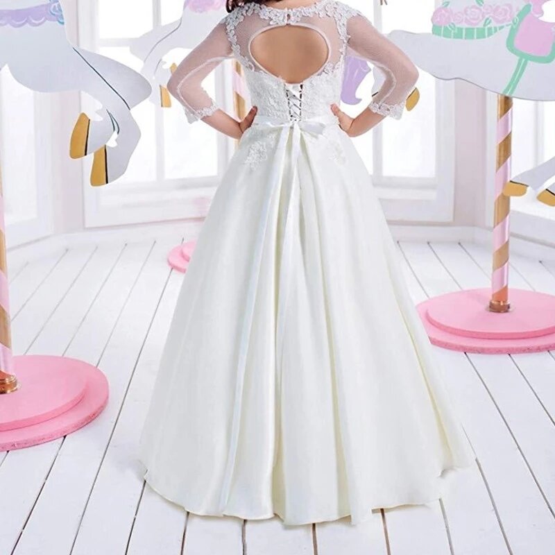 Vestido de flor branca para casamentos, Lantejoula de cristal, Lace Applique Gown for Little Girl, Vestidos de festa da Primeira Comunhão