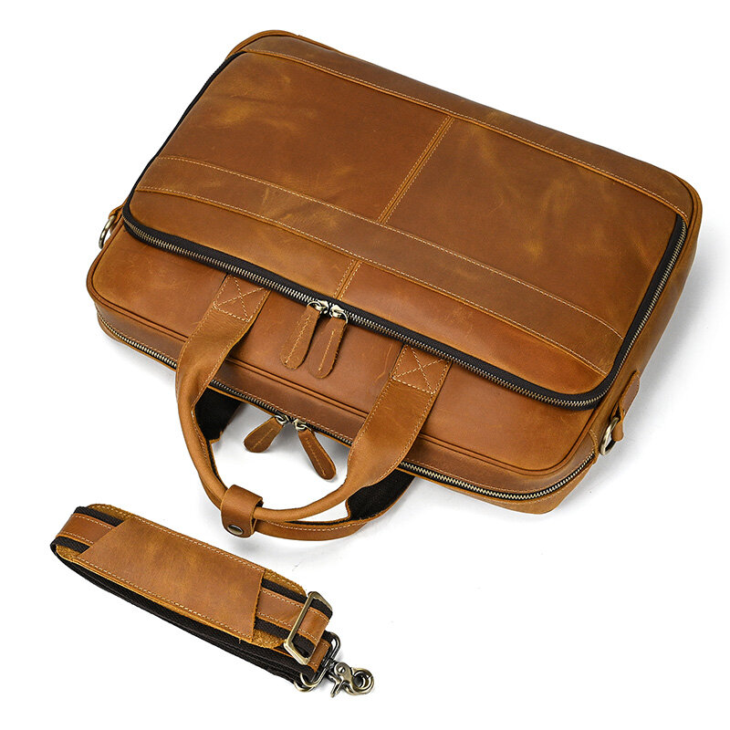 Bolso de hombro de piel de vaca auténtica para hombre, maletín Vintage para ordenador portátil, 15,6, 16, 17,3 pulgadas