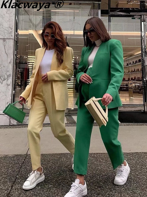 Klacwaya-Blazer y pantalones de cintura alta para mujer, conjunto Formal de oficina, color verde, 2022