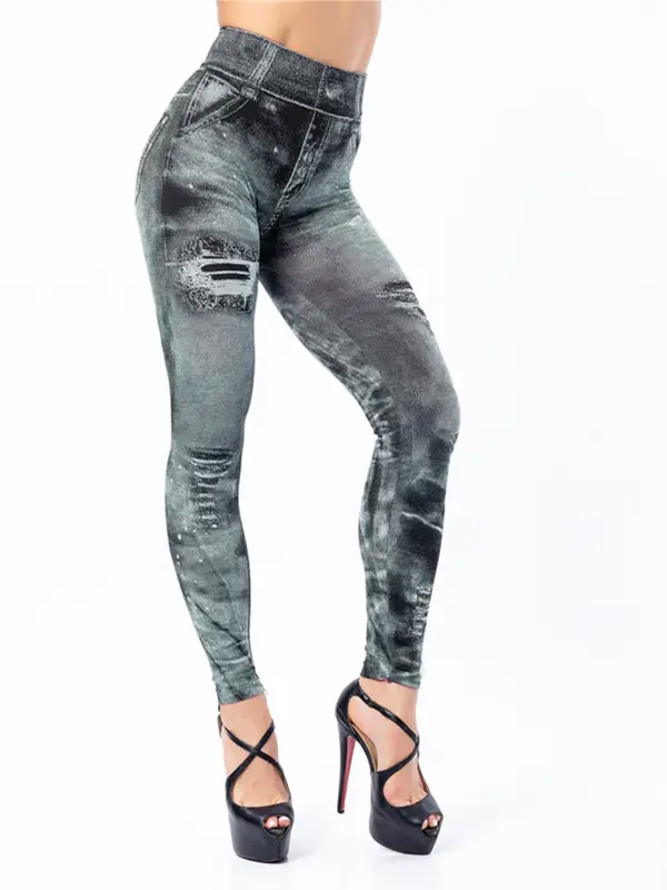 2024 Sexy Astic Imitation Jeans Leggings Women Stretch High Waist Pants Fitness Slim Push Up Leggings For Women Summer Breeches