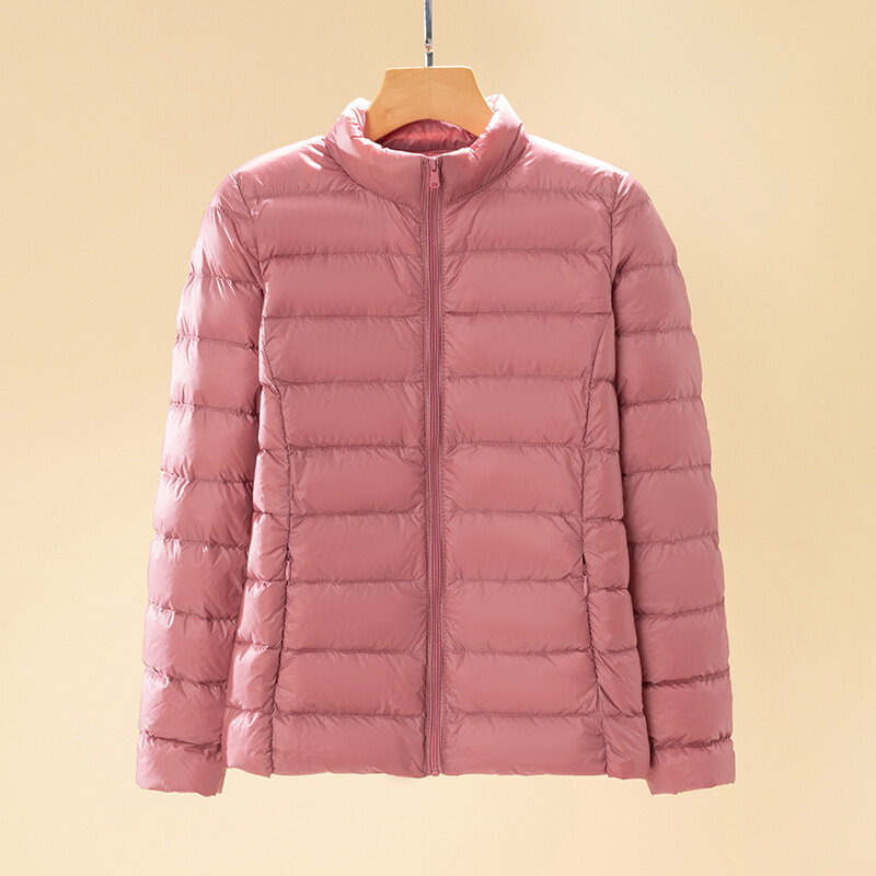 여성용 짧은 패션 스탠드 칼라 퍼퍼 재킷, 한국 슬림핏 화이트 덕다운 따뜻한 여성 코트, 2024 가을 봄 신상