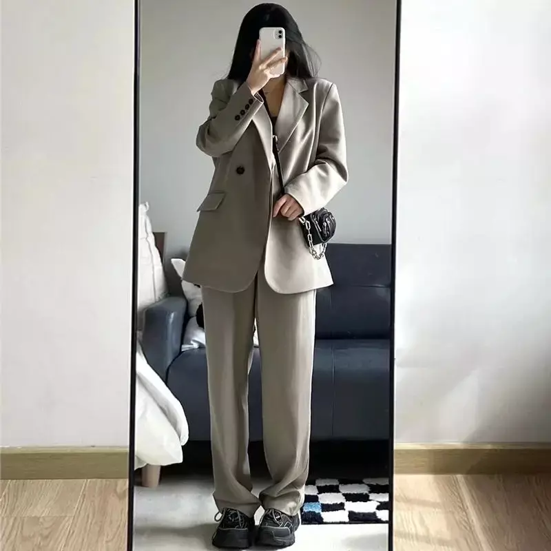 Blazer Suits Pant Solid Woman 2 Pieces Set Autumn Long Sleeve Button Female Clothes Fashion Casual Office Lady Loose Outfit