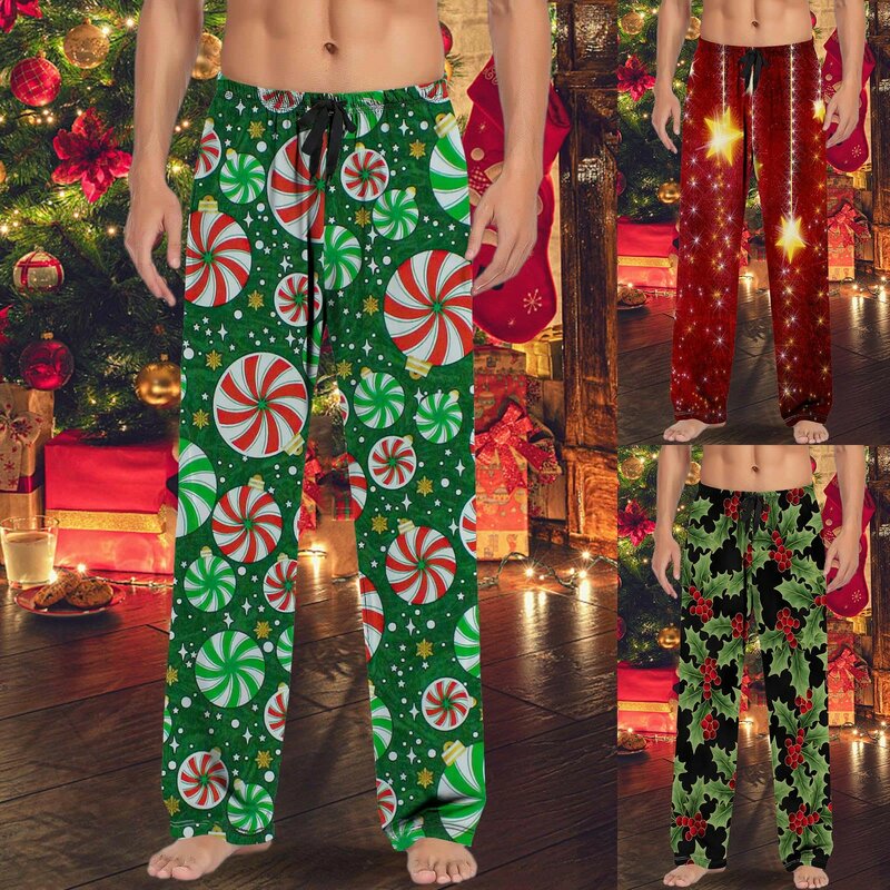 Calças femininas com estampa natalina, largas, retas, roupa de dormir de Natal, macias, confortáveis, soltas, cós elástico, calças Ome masculinas