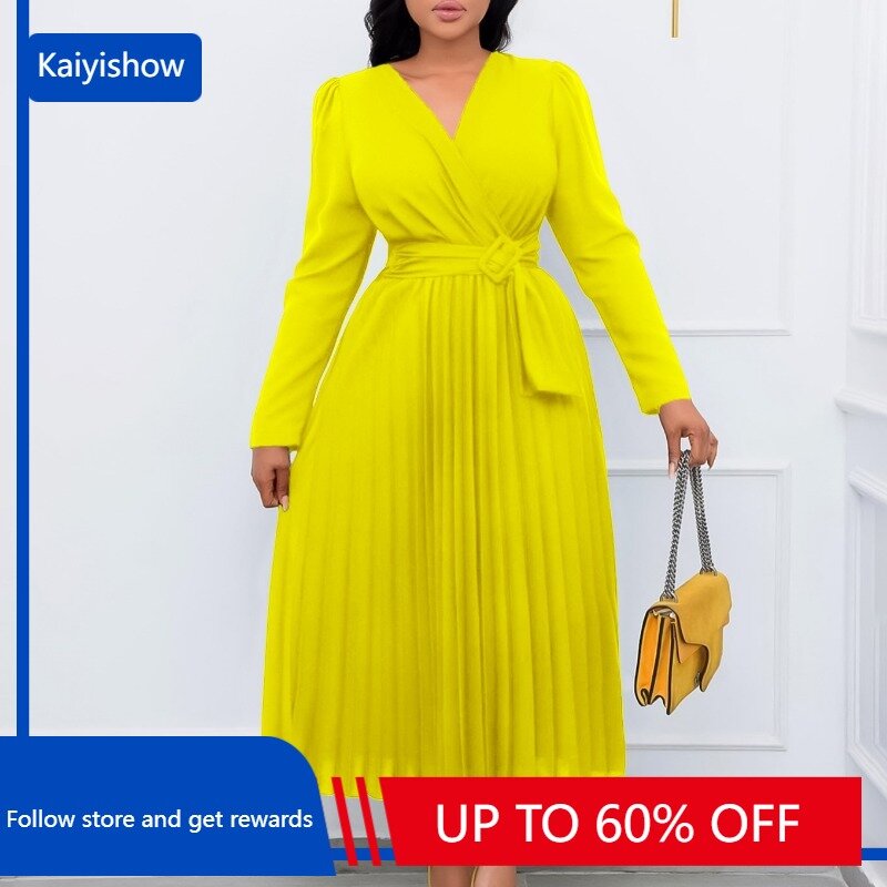 African Dresses for Women Elegant Autumn Africa Long Sleeve V-neck Polyester White Yellow Red Blue Pleated Dress African Clothes