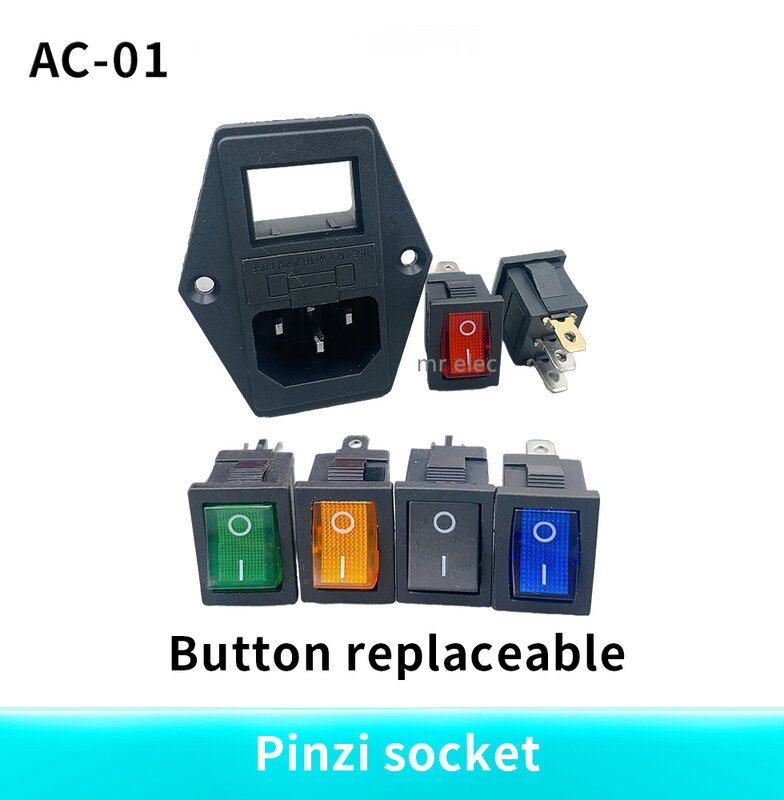 ¡Con fusible de 10A! Interruptor basculante fundido C14 IEC320, toma de corriente de entrada, Conector de interruptor fusible AS-10, rojo, amarillo, verde, azul y negro