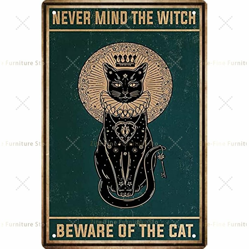 Czarny kot Decor znaki czarownica kota śmieszne metalowe znak blaszany, plakat pokoju styl Bar Party Decor kot klub miłośnicy kotów wystrój prezent 8x12 w