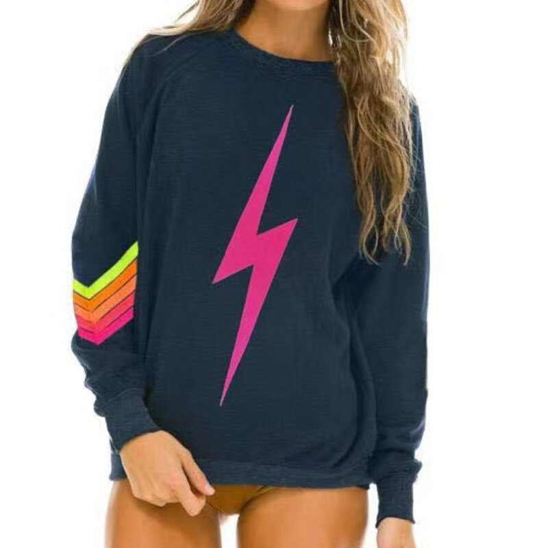 Sweatshirt wanita motif pelangi, Pullover bertudung leher bulat elastis bersirkulasi garis-garis 2024