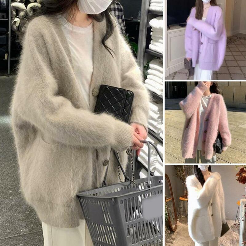 Women Jacket Cozy V Neck Knitted Cardigan for Women Soft Warm Winter Sweater Coat with Buttons Long Sleeves Stylish for Ladies