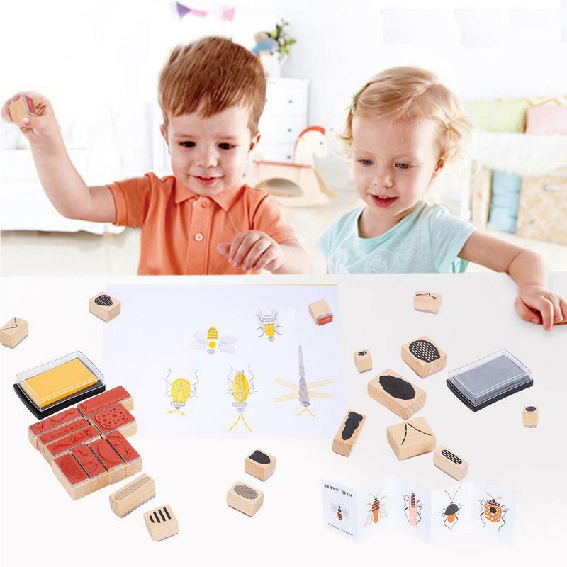 Sellos de madera decorativos para niños, 25 sellos de madera para álbum de recortes con almohadilla de tinta gris y amarilla, regalo