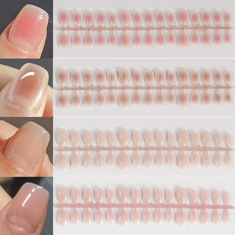 30Pcs Nude Pink Powder Blusher French Style Nail Tips Short Round Head False Nails With Design Wearable Finished Fake Nails