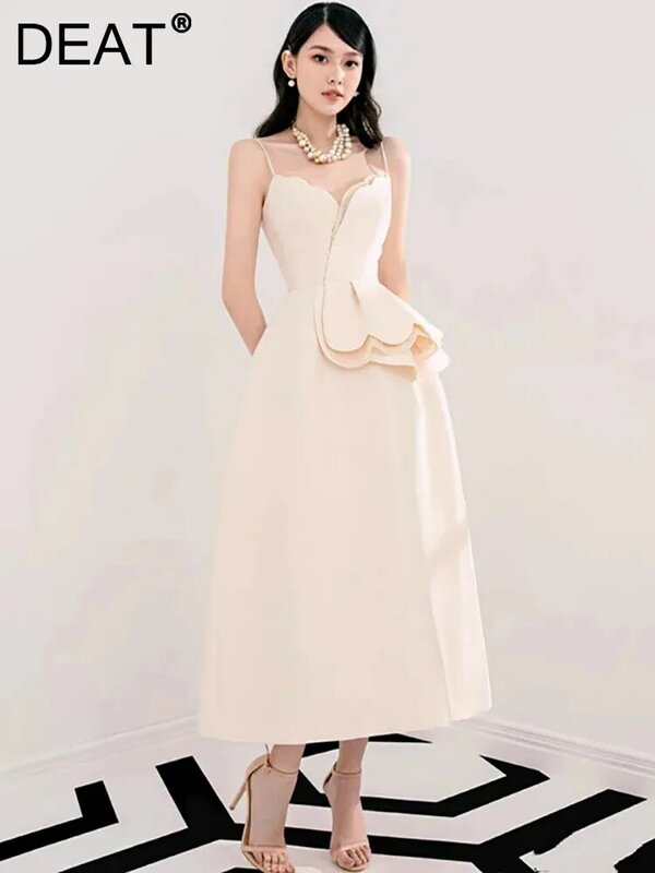 DEAT Slip Dresses Spliced Wave Edge Apricot Velvet A-line High Waist Women's Elegant Party Dress 2024 Summer New Fashion13DB4290