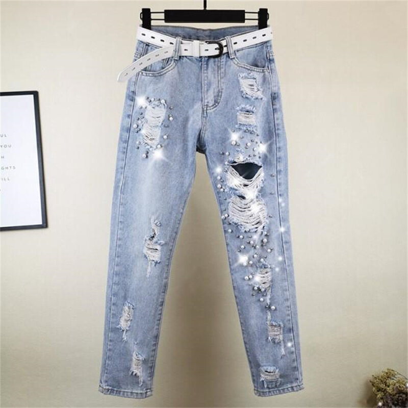 2024 New Heavy Industry Beaded Jeans Female Spring Summer Fashion Hole High-Waisted Beggar Nine-Point Daddy Denim Pants Women