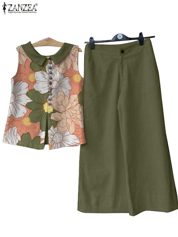 ZANZEA 여성용 데일리 운동복, 빈티지 와이드 레그 바지, 캐주얼 매칭 세트, 민소매 꽃무늬 상의, 휴일 바지 세트, 여름, 2 개