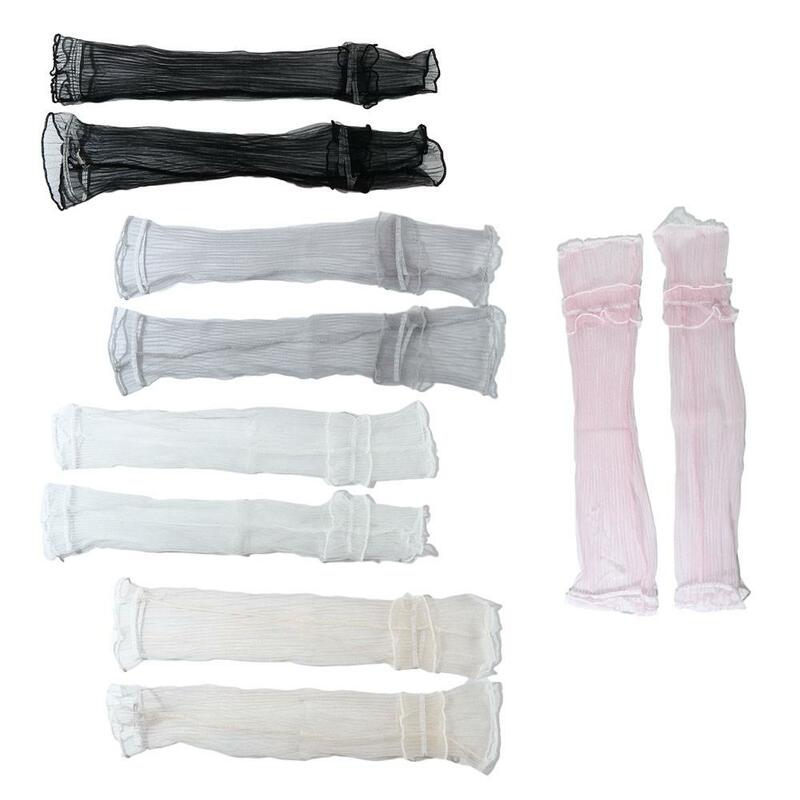 Capas de braço sem dedos feminino fio líquido folha de lótus, luvas de proteção solar, mangas compridas com renda, estilo coreano