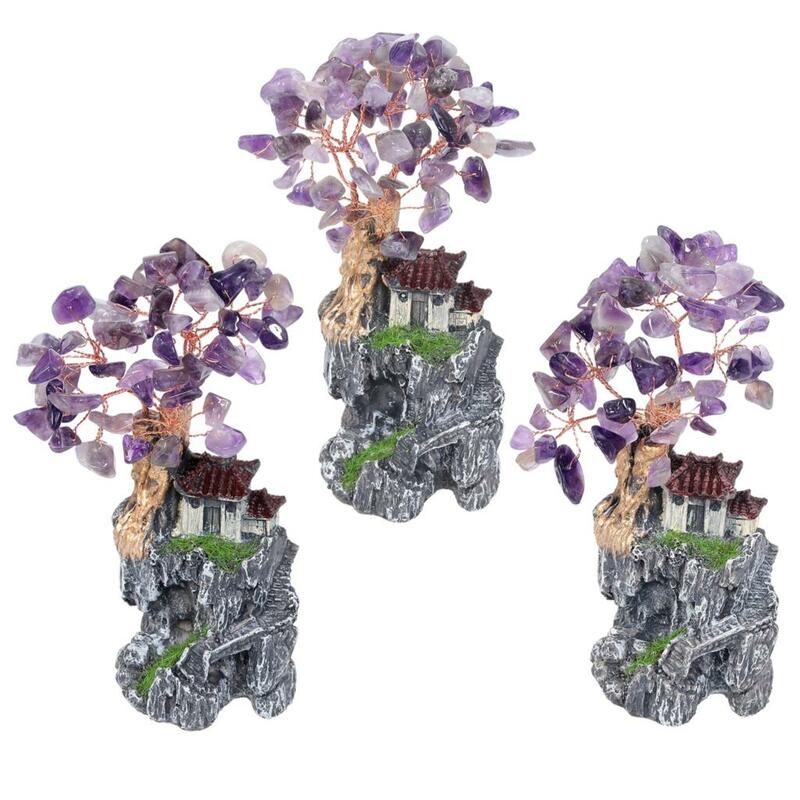 Rumah Resin Mini pohon batu kristal alami, lanskap mikro untuk dekorasi rumah ornamen Desktop