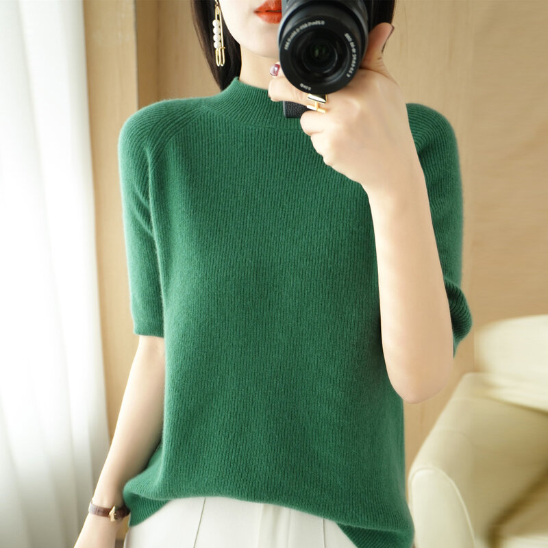 Женский модный свитер, новинка 2022, однотонный вязаный пуловер с воротником «хомут» и рукавом в пять точек, приталенный корейский трендовый Топ