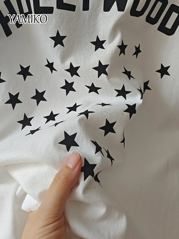 Yamiko เสื้อยืดผู้หญิงแขนสั้นพิมพ์ลายดาวตัวอักษรคอกลมลำลองแฟชั่นเสื้อ2024ฤดูร้อน