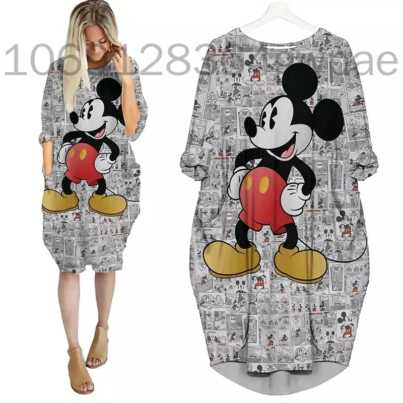 Mickey Minnie Mouse Home Long Sleeve Dress Disney Fashion Versatile Loose Batwing Pocket Over the Knee Womens Party Dress