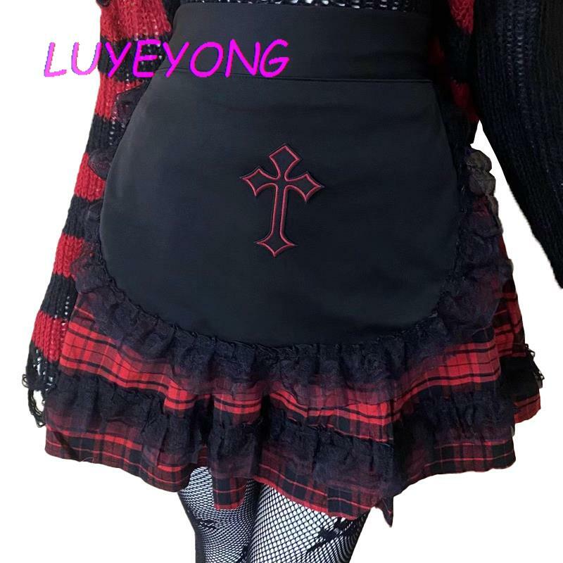 Koreański Lolita fartuch Y2k styl dziewczyna Cosplay krzyż Goth urocza koronka up fartuchy czarny biały kobieta Sexy koronkowa łatka Top bez rękawów