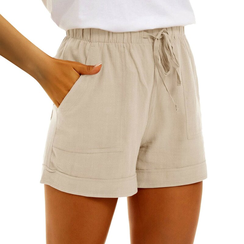 Shorts de linho para mulheres, calças curtas básicas, cintura alta, meninas adolescentes, mini calças, roupa de casa, verão, plus size