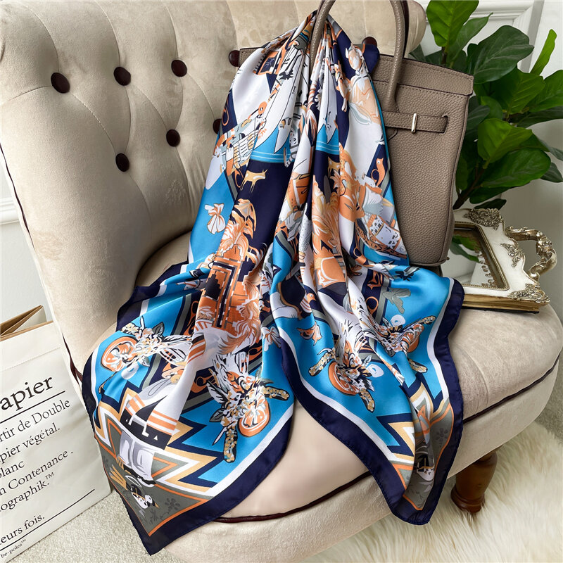 Foulard carré en soie imprimé en Satin pour femmes, 90x90cm, bandeau pour cheveux, Foulard, Foulard, châle, arme, Hijab, Bandana, 2022