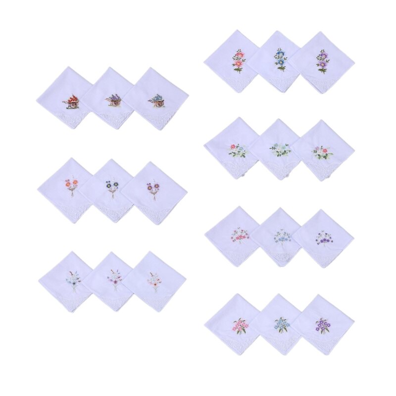 MultiUse Plain Handkerchief Embroidered Flower White Kerchief Towel for Women T8NB