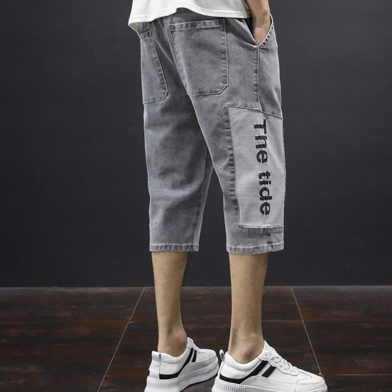 Denim Kapri 2024 celana pendek liburan pria, celana Kapri edisi Korea besar lurus 5xl longgar tipis baru musim panas
