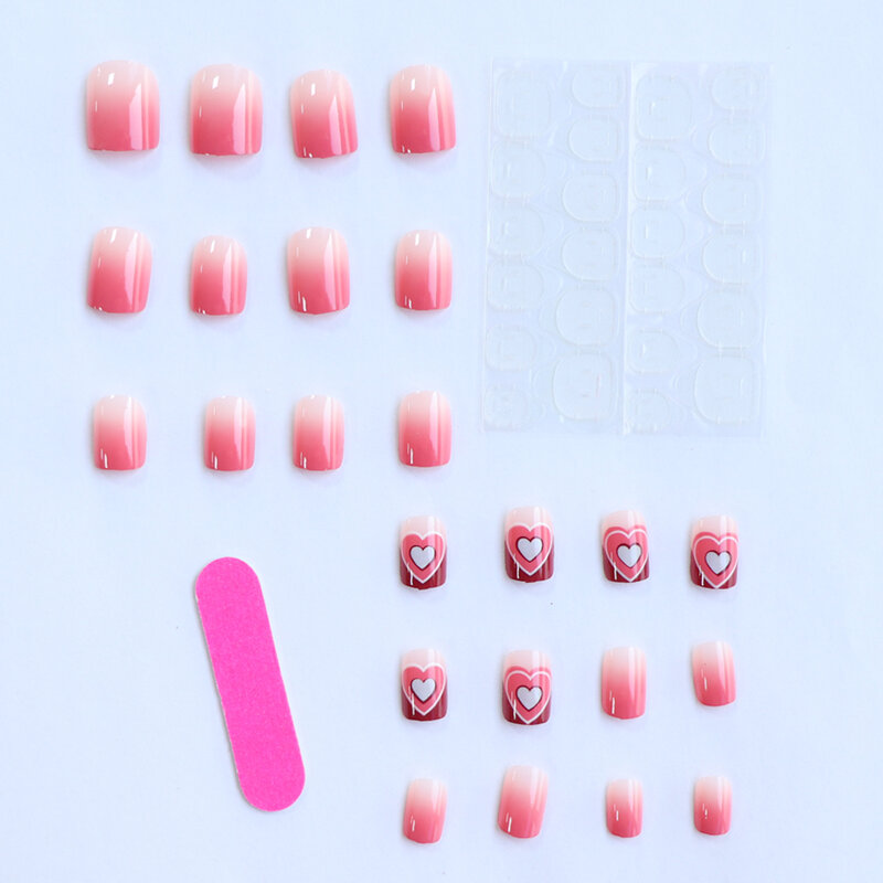 Conjunto de unhas falsas quadrado curto, padrão coração rosa Ombre, lima de unhas completa, adesivo 1 cola
